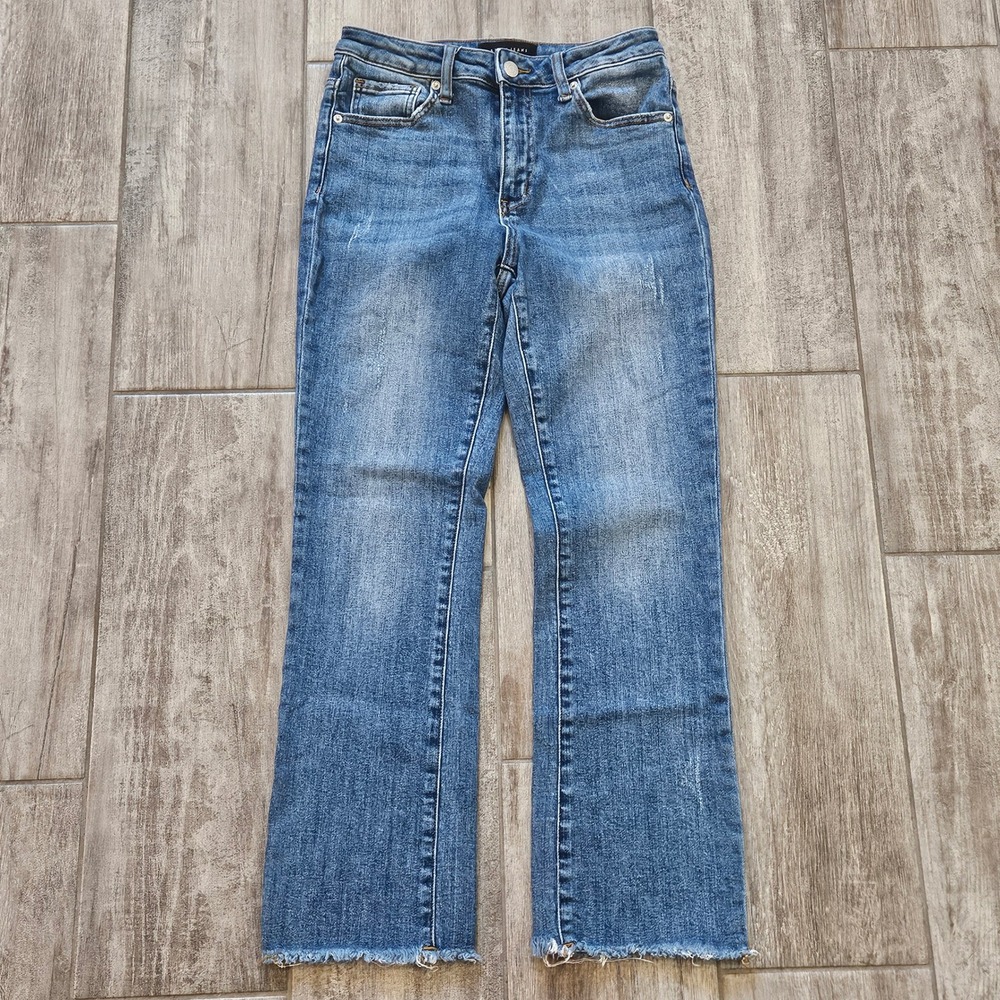 Risen Jeans Size 7/28 Cropped Raw Hem Blue High Rise Stretch Distressed Casual